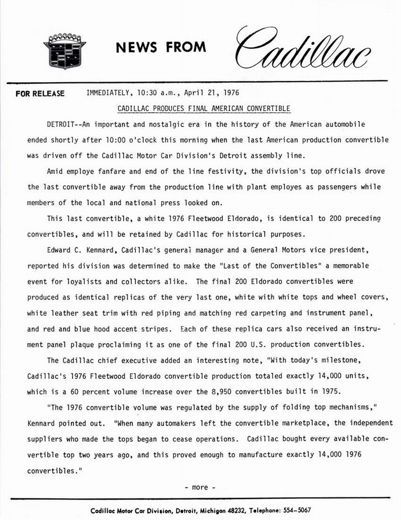 1976 Cadillac Convertible Press Release
